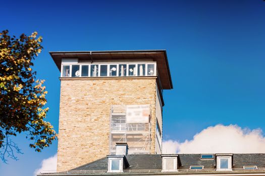 Town Hall with Town Hall Tower in Velbert, NRW Germany against blue sky.