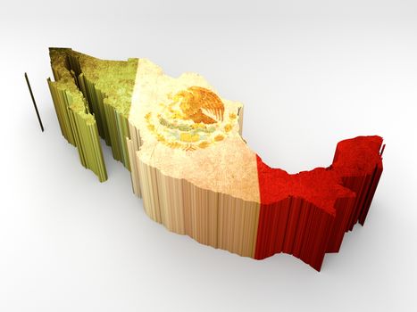 3d textured Mexico map with a mexican flag on white backgrounf