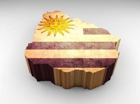 Uruguay 3d textured map with Uruguayan flag on white background