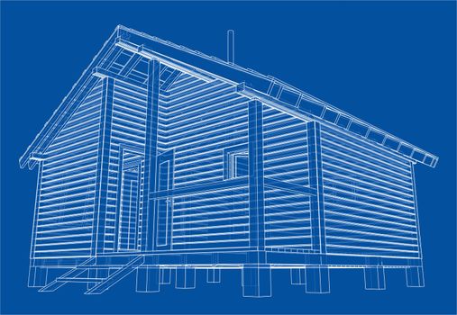 Sketch of small house. Wire-frame style. 3d illustration