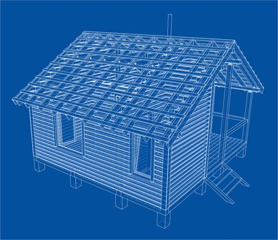 Sketch of small house. Wire-frame style. 3d illustration