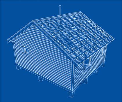 Sketch of small house. Wire-frame style. 3d illustration