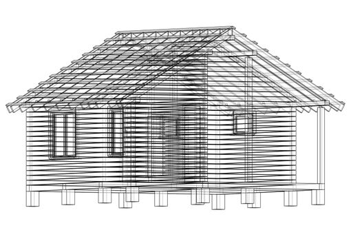 Sketch of small house. Wire-frame style. 3d illustration