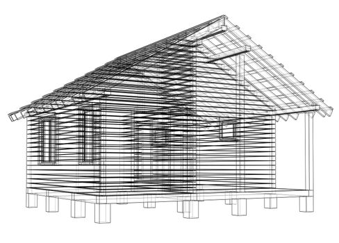 Sketch of small house. Wire-frame style. 3d illustration