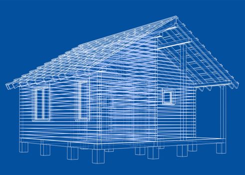 Sketch of small house. Wire-frame style. 3d illustration