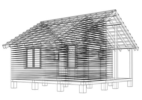 Sketch of small house. Wire-frame style. 3d illustration