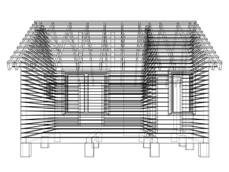 Sketch of small house. Wire-frame style. 3d illustration