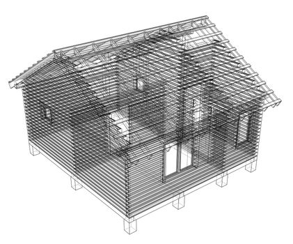 Sketch of small house. Wire-frame style. 3d illustration