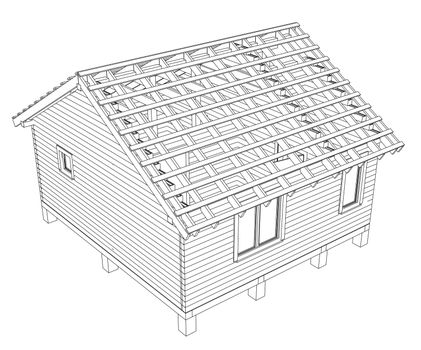 Sketch of small house. Wire-frame style. 3d illustration