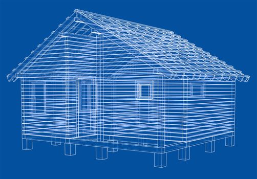 Sketch of small house. Wire-frame style. 3d illustration