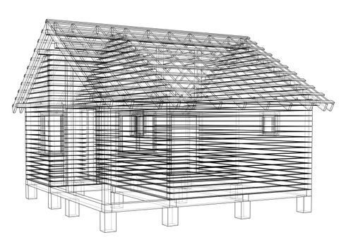 Sketch of small house. Wire-frame style. 3d illustration