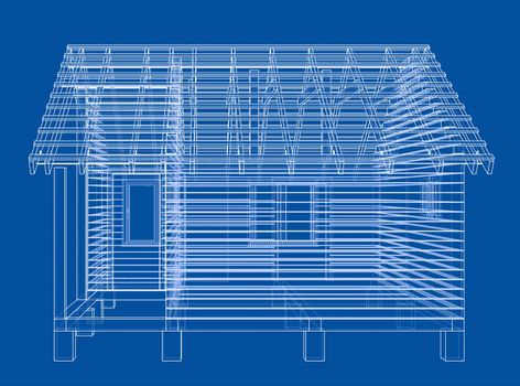 Sketch of small house. Wire-frame style. 3d illustration