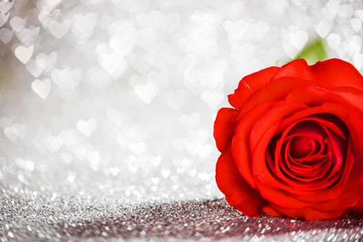 Beautiful red rose on heart shape bokeh glitter background