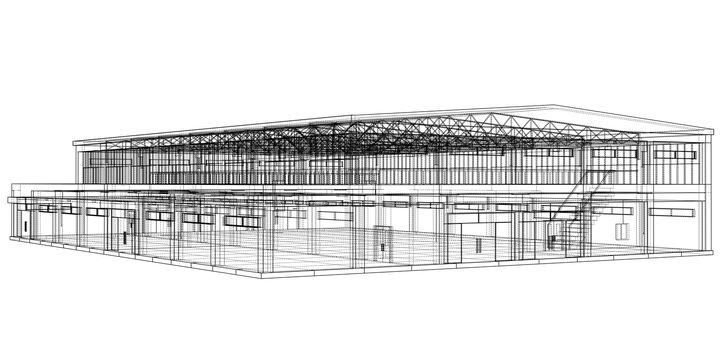 Warehouse sketch. Blueprint or Wire-frame style. 3d illustration