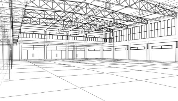 Interior sketch. Blueprint or Wire-frame style. 3d illustration