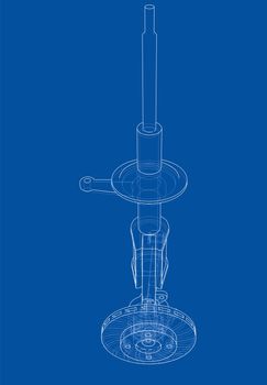 Car dampers with brake disc outline. Wire-frame style. 3d illustration