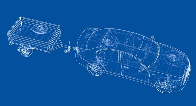 Sedan with open trailer sketch. Wire-frame style. 3d illustration