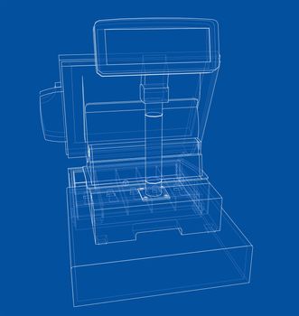 Cashbox with touch screen concept. Wire-frame style. 3d illustration