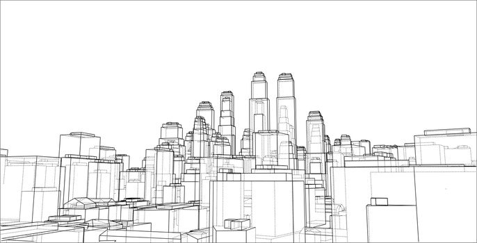 Wire-frame City, Blueprint Style. 3D Rendering. Architecture Design Background