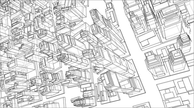 Wire-frame City, Blueprint Style. 3D Rendering. Architecture Design Background