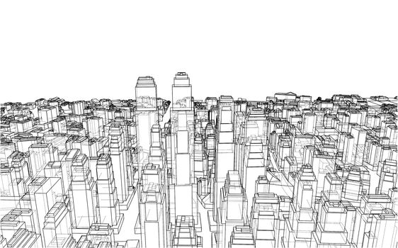 Wire-frame City, Blueprint Style. 3D Rendering. Architecture Design Background