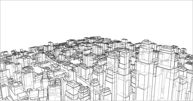 Wire-frame City, Blueprint Style. 3D Rendering. Architecture Design Background