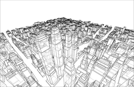 Wire-frame City, Blueprint Style. 3D Rendering. Architecture Design Background