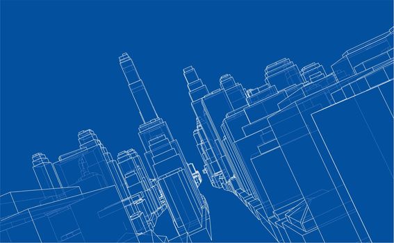 Wire-frame City, Blueprint Style. 3D Rendering. Architecture Design Background