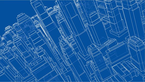 Wire-frame City, Blueprint Style. 3D Rendering. Architecture Design Background