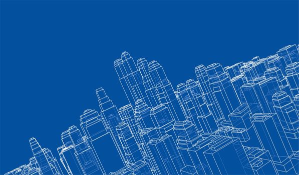 Wire-frame City, Blueprint Style. 3D Rendering. Architecture Design Background