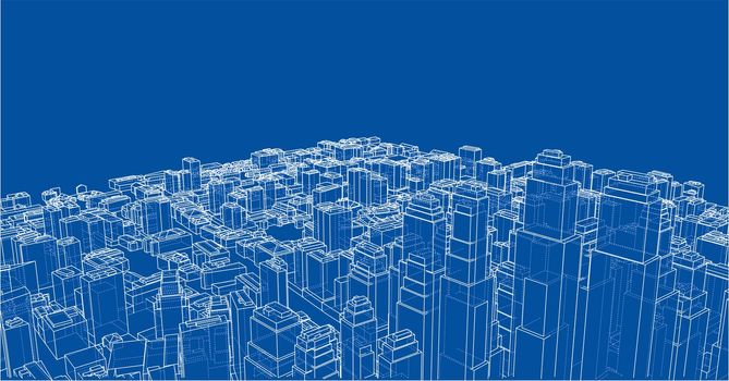 Wire-frame City, Blueprint Style. 3D Rendering. Architecture Design Background