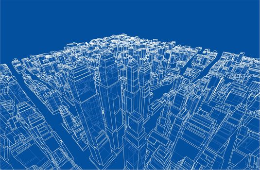 Wire-frame City, Blueprint Style. 3D Rendering. Architecture Design Background