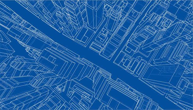 Wire-frame City, Blueprint Style. 3D Rendering. Architecture Design Background