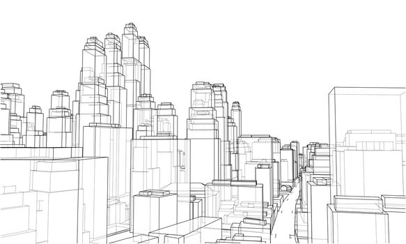 Wire-frame City, Blueprint Style. 3D Rendering. Architecture Design Background