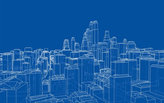 Wire-frame City, Blueprint Style. 3D Rendering. Architecture Design Background