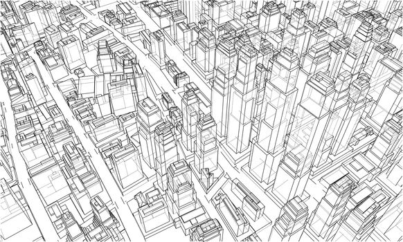 Wire-frame City, Blueprint Style. 3D Rendering. Architecture Design Background