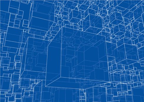 Abstract boxes background. 3d illustration. Wire-frame style