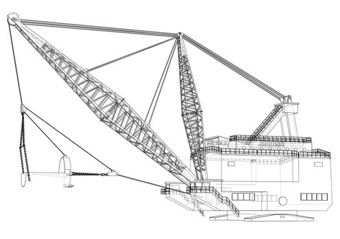 Dragline walking excavator. 3d illustration. Wire-frame style