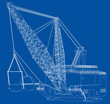 Dragline walking excavator. 3d illustration. Wire-frame style