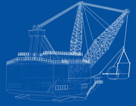 Dragline walking excavator. 3d illustration. Wire-frame style