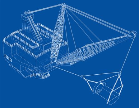 Dragline walking excavator. 3d illustration. Wire-frame style