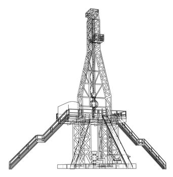 Oil rig concept. 3d illustration. Wire-frame style