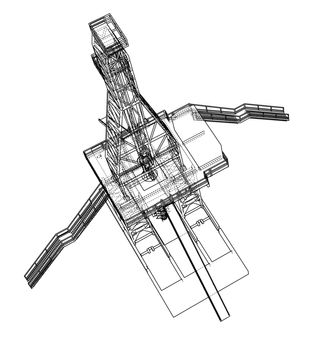 Oil rig concept. 3d illustration. Wire-frame style