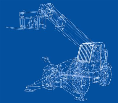 Forklift concept. 3d illustration. Blueprint or Wire-frame style