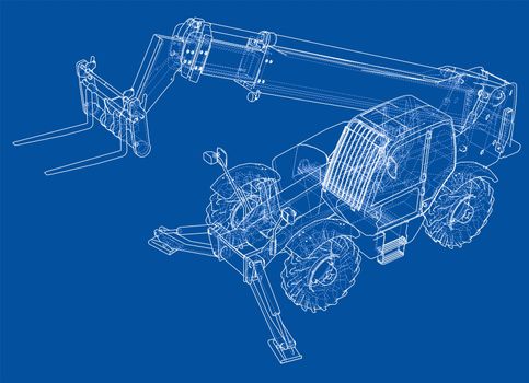 Forklift concept. 3d illustration. Blueprint or Wire-frame style