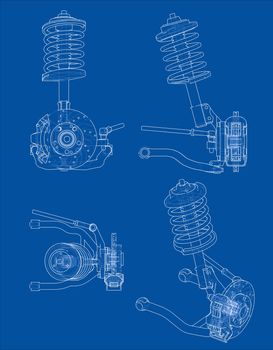 Car suspension with shock absorber. 3d illustration. Wire-frame style