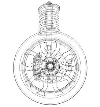 Car suspension with wheel tire and shock absorber. 3d illustration. Wire-frame style