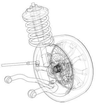 Car suspension with wheel tire and shock absorber. 3d illustration. Wire-frame style