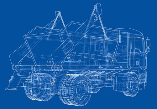 Garbage truck concept. 3d illustration. Wire-frame style