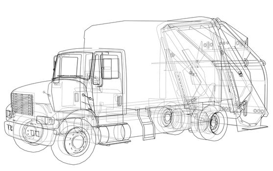 Garbage truck concept. 3d illustration. Wire-frame style